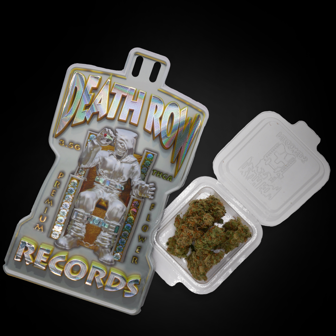 Amnesia Haze THCa flower displayed next to holographic Death Row Records packaging labeled premium THCA flower.