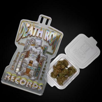 Amnesia Haze THCa flower displayed next to holographic Death Row Records packaging labeled premium THCA flower.