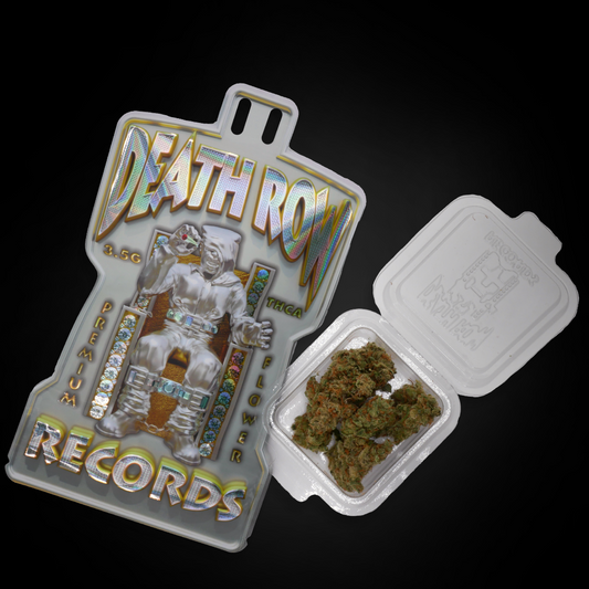 Amnesia Haze THCa flower displayed next to holographic Death Row Records packaging labeled premium THCA flower.