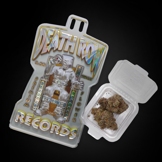 Berry Lemonz THCa flower displayed next to holographic Death Row Records packaging labeled premium THCA flower.