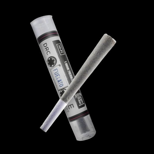 Fuelato hemp flower pre-roll shown with branded tube packaging featuring the Death Row Records label on a black background.
