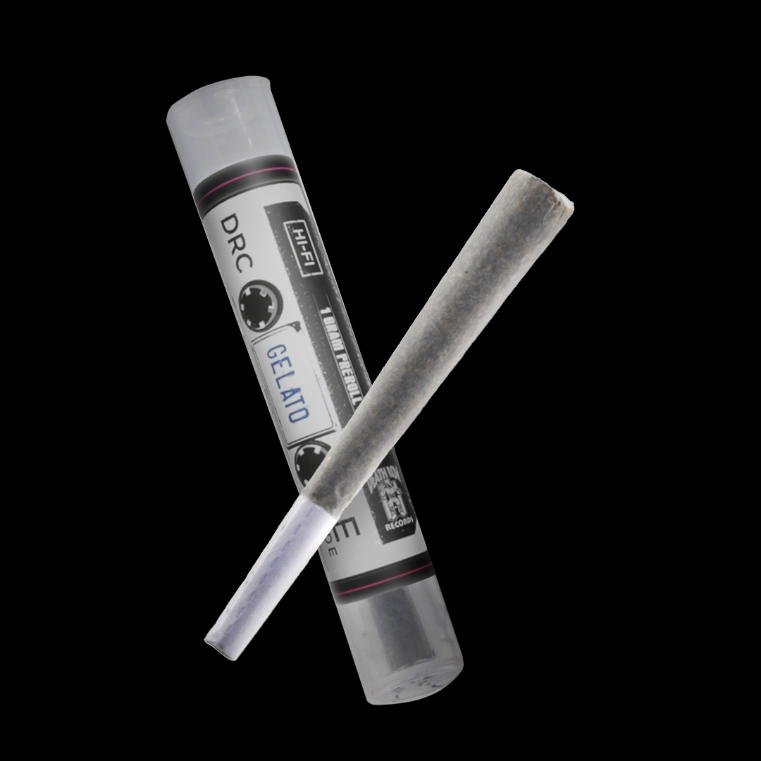 Gelato hemp flower pre-roll shown with branded tube packaging featuring the Death Row Records label on a black background.