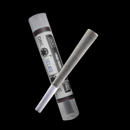 Gelato hemp flower pre-roll shown with branded tube packaging featuring the Death Row Records label on a black background.