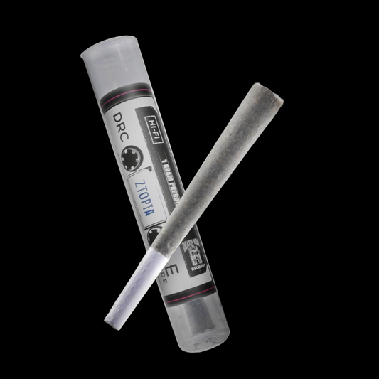 Ztopia hemp flower pre-roll shown with branded tube packaging featuring the Death Row Records label on a black background.