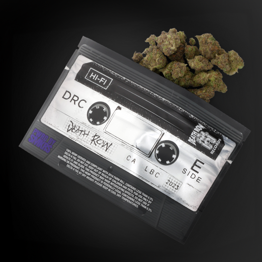 Gelato Cake THCa flower spilling out of retro cassette tape-style packaging labeled 'Death Row' with branding from SMKRS and Death Row Records.