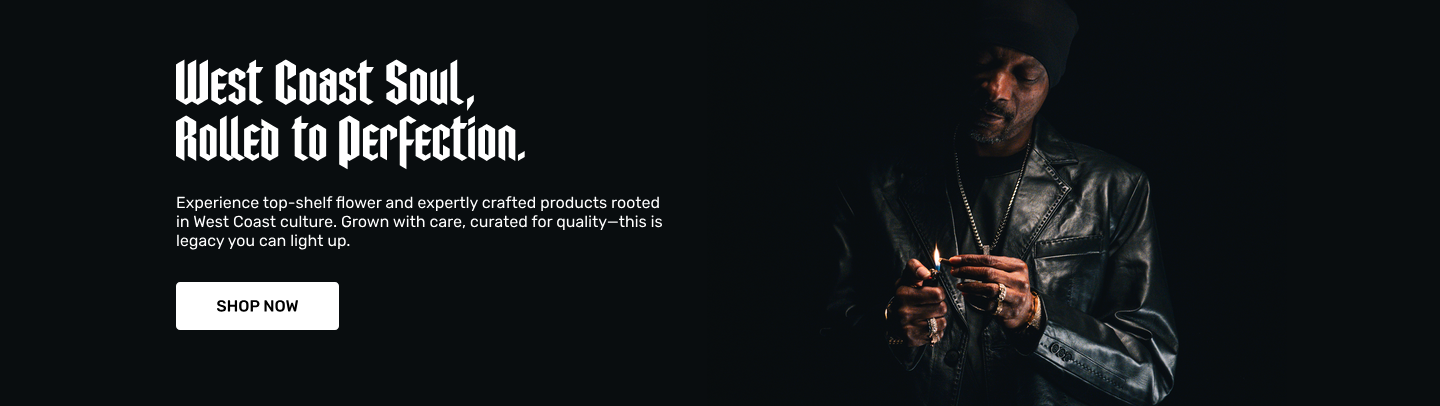 Snoop Dogg in black leather jacket lighting a pre-roll, with text promoting top-shelf West Coast hemp products. Button labeled 'Shop Now' links to all products page.