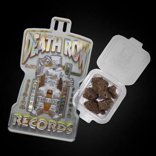 Ice Cream Cake THCa flower displayed next to holographic Death Row Records packaging labeled premium THCA flower.