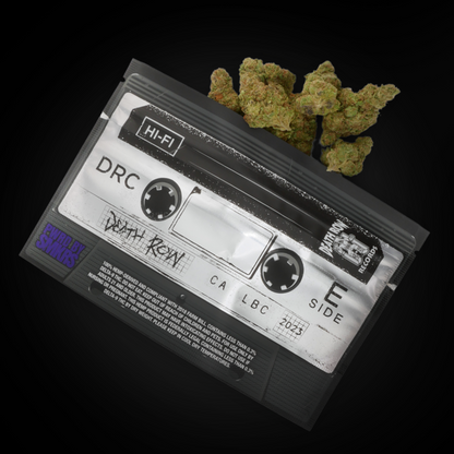 Space Runtz THCa flower spilling out of retro cassette tape-style packaging labeled 'Death Row' with branding from SMKRS and Death Row Records.