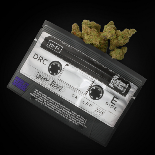 Space Runtz THCa flower spilling out of retro cassette tape-style packaging labeled 'Death Row' with branding from SMKRS and Death Row Records.