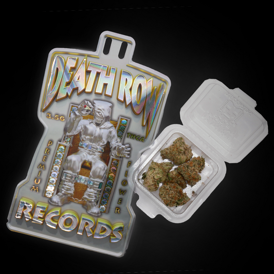 Z Pie THCa flower displayed next to holographic Death Row Records packaging labeled premium THCA flower.